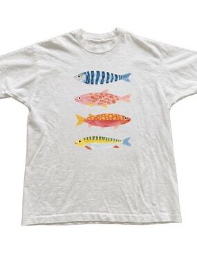 White Tee with Four Colorful Fish Graphic